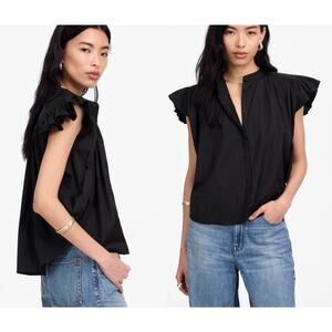 Madewell | NWT | Poplin Shirred Button-Up Shirt in Jet Black | Sz M